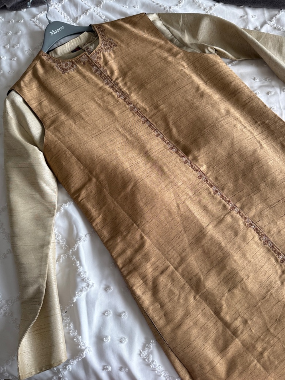 Classic Tan Silk Long Kurta with Cream Sleeves